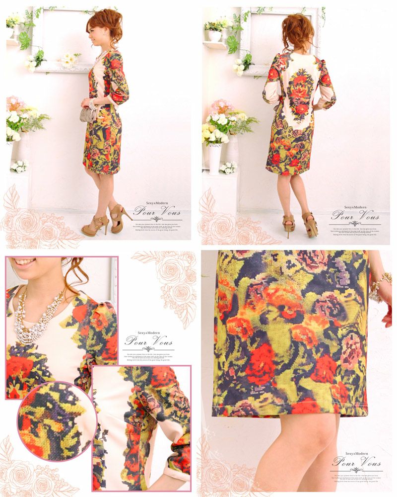 花柄プリント Aライン 七分丈 ドレスワンピース