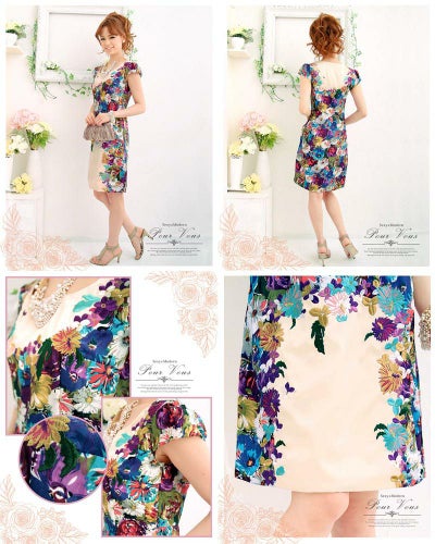 フラワープリント 刺繍 サテン地 ドレス