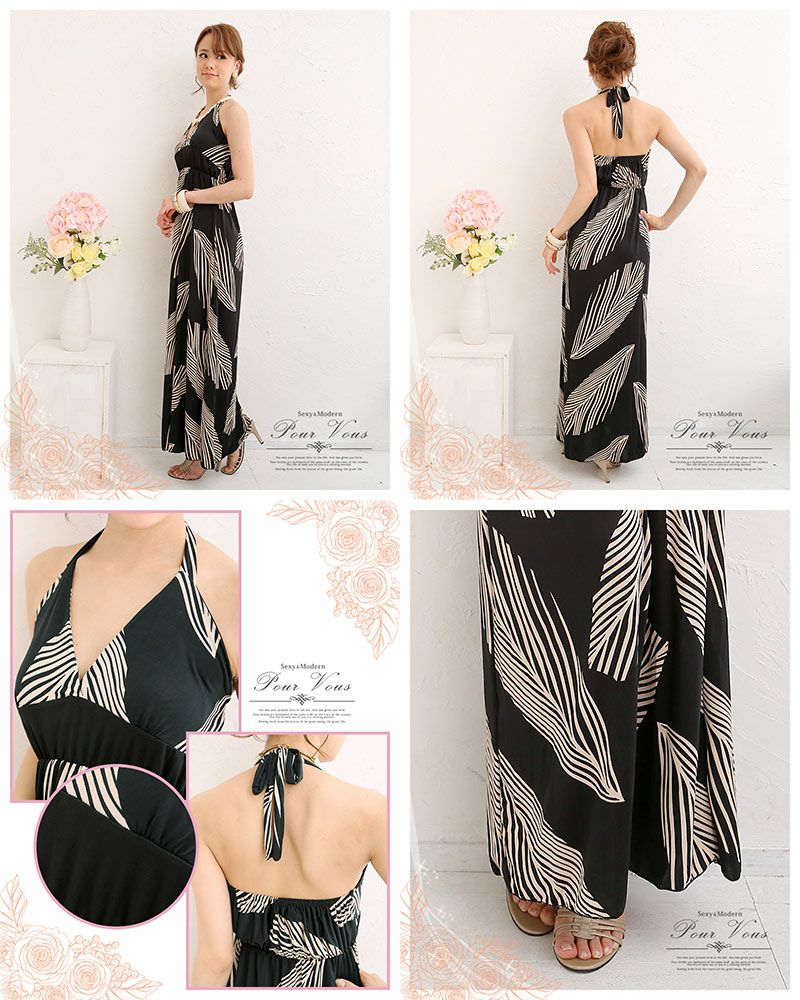 フェザー柄プリント マキシ丈 ワンピース