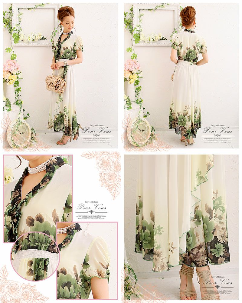 フラワーパターン パフスリーブ ドレープ ワンピース