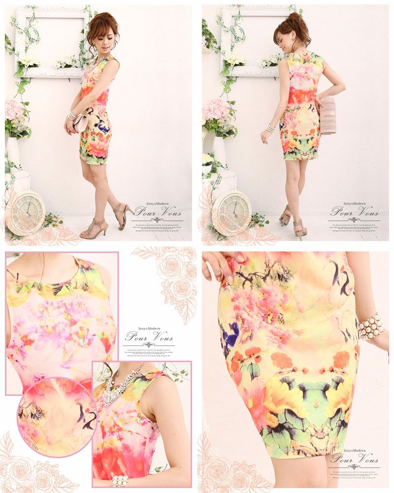 ボディコンシャスライン フラワープリント ワンピース