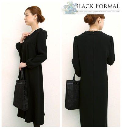 レース衿 ロング丈 ワンピース ブラック