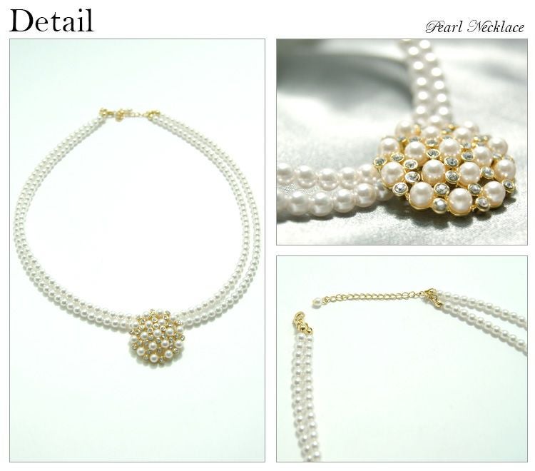 ラインストーン 2連パールネックレス ホワイト