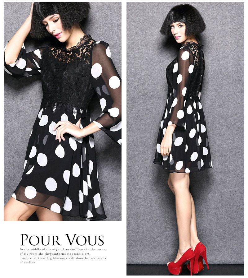 ドット柄 レース シフォン ワンピース