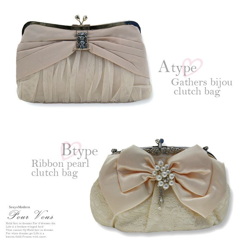 リボン パール ビジュー クラッチバッグ