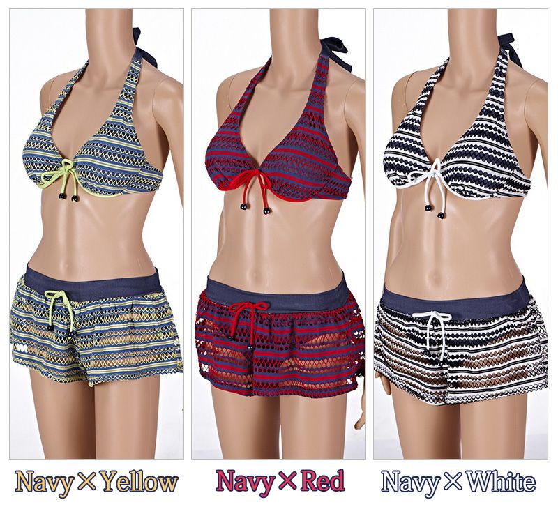 ボーダー柄 ホルターネック ビキニ ショートパンツ付き ３点セット