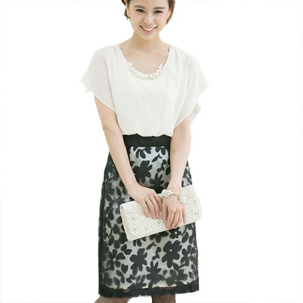 花柄バイカラードレス ドルマンスリーブ