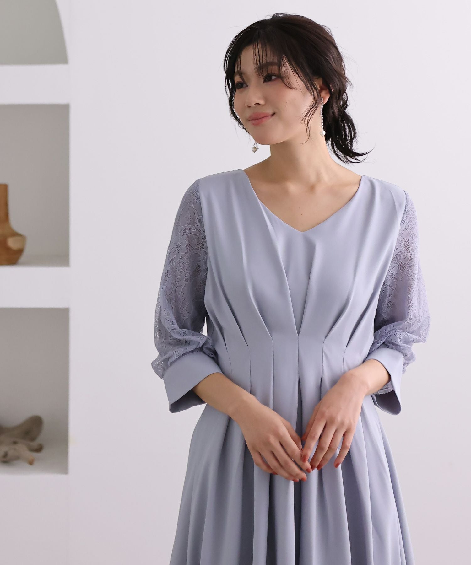 pourvous プールヴー ウエストタックフレアドレス ネイビー 大きいサイズ ウエストタックフレアドレス｜PourVousドレス