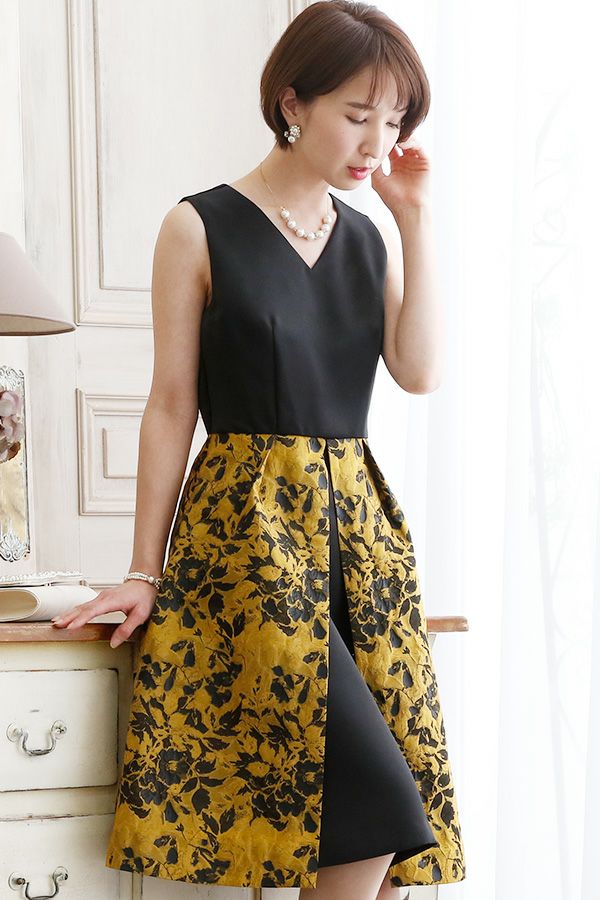 ジャガード&サテンワンピース