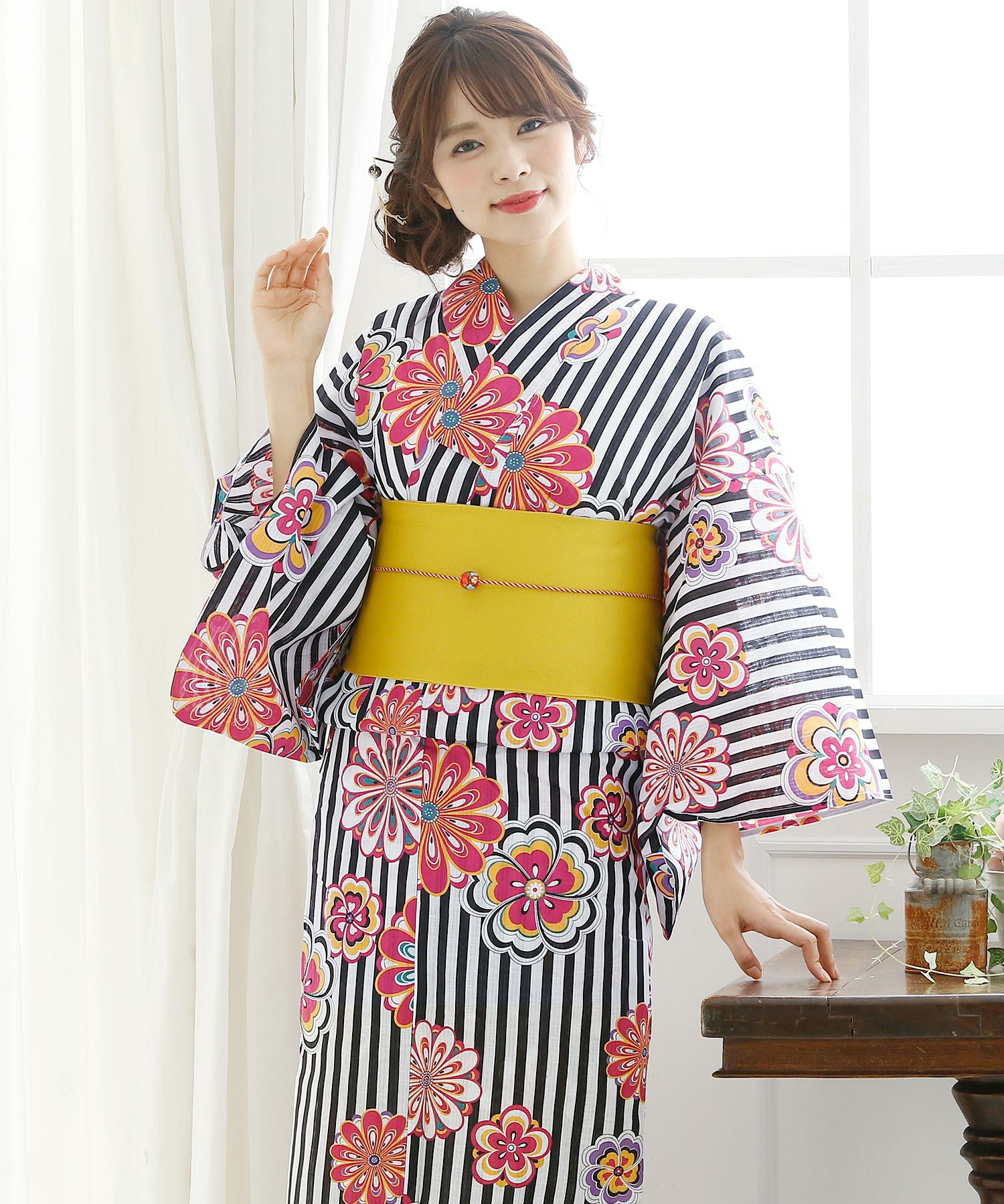 ストライプに花手毬 浴衣4点セット（作り帯）