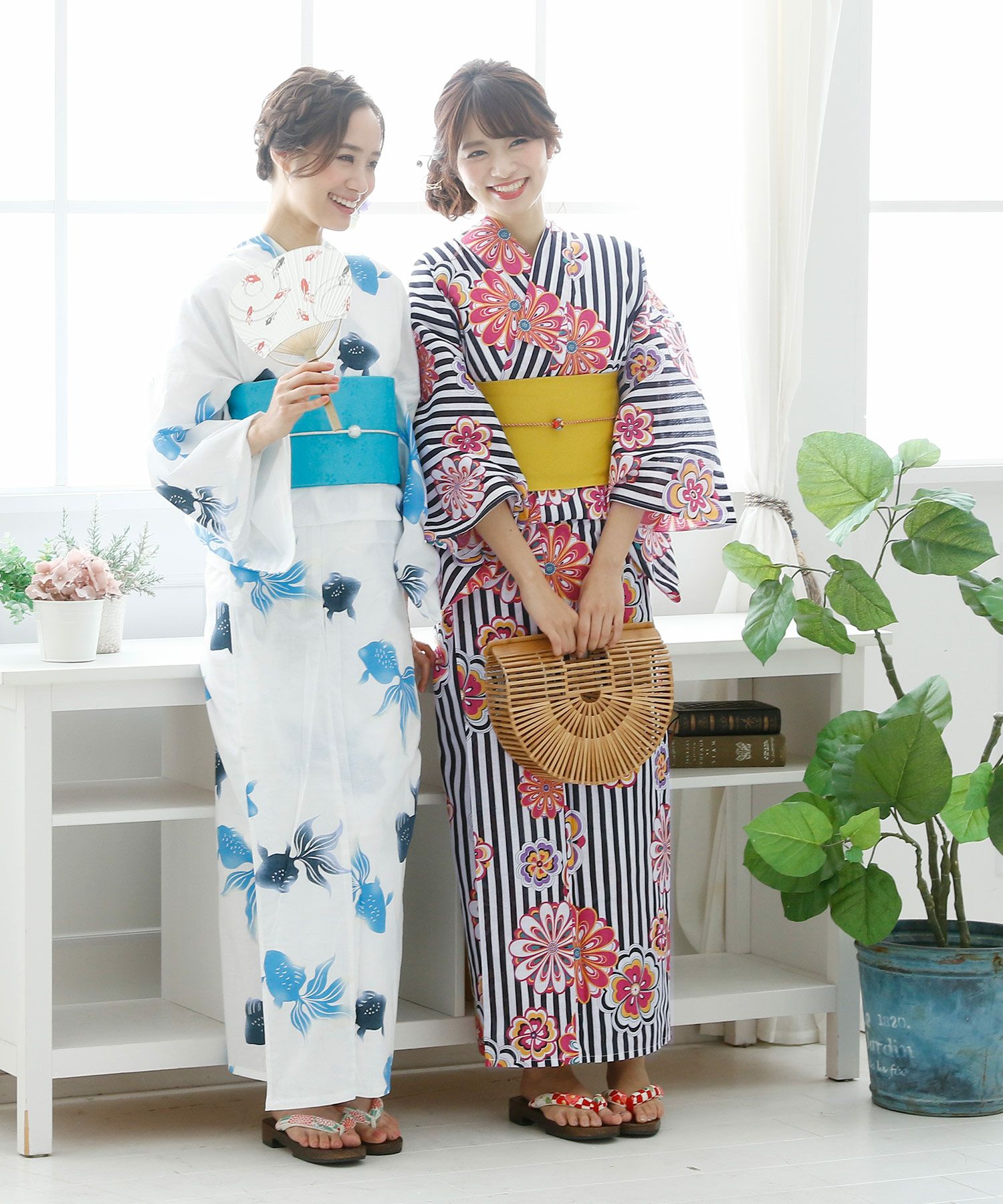 ストライプに花手毬 浴衣4点セット（作り帯）