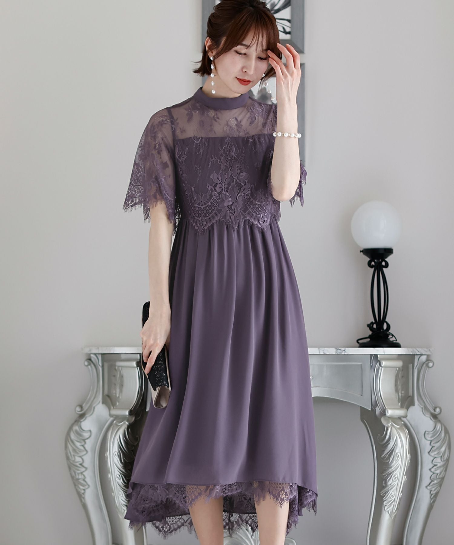 d*7様 LANVIN ランバン スリップドレス パーティードレス グレージュ スカラップレースフィッシュテールドレス