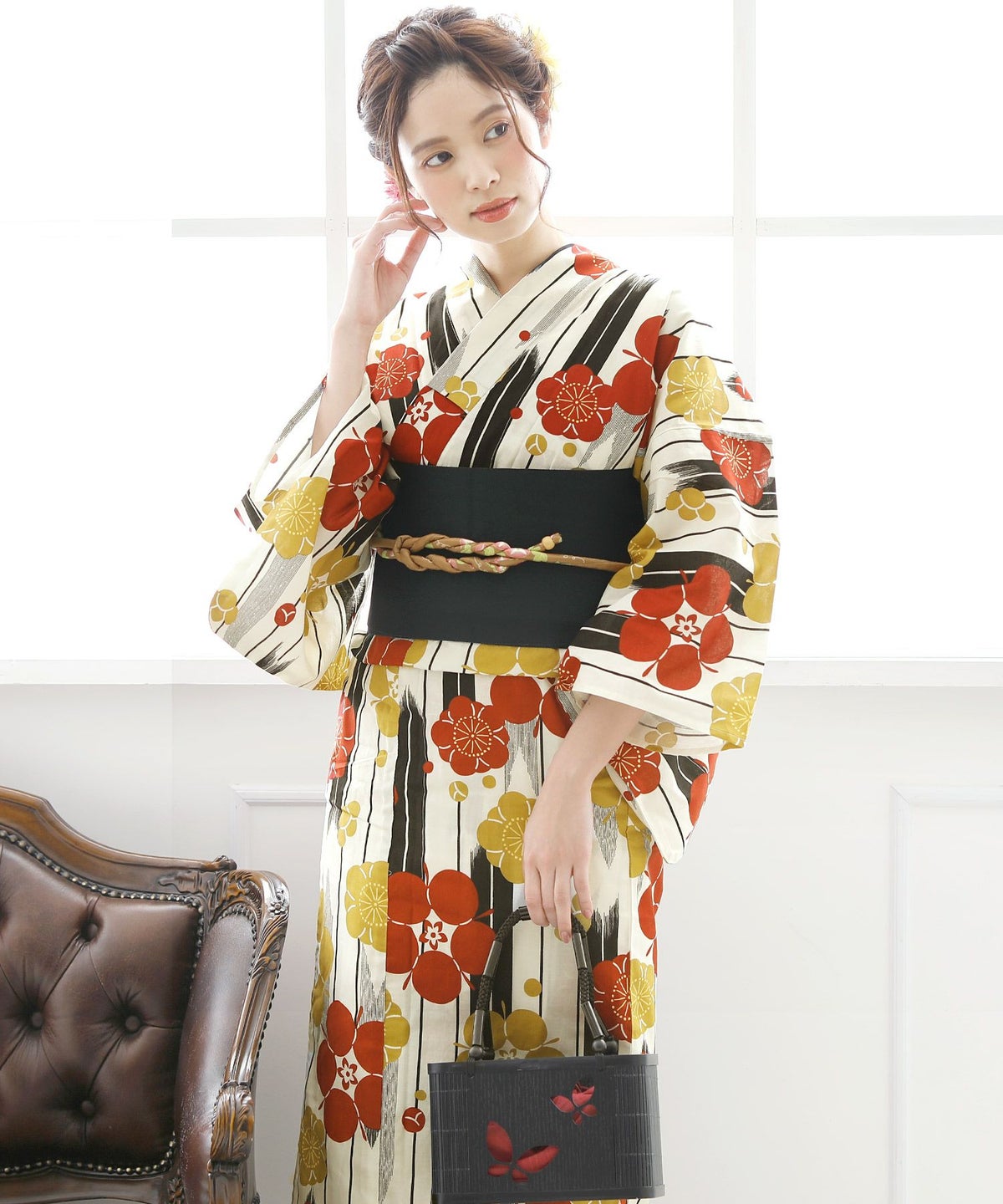 レトロ矢羽梅　浴衣4点セット（半巾帯）