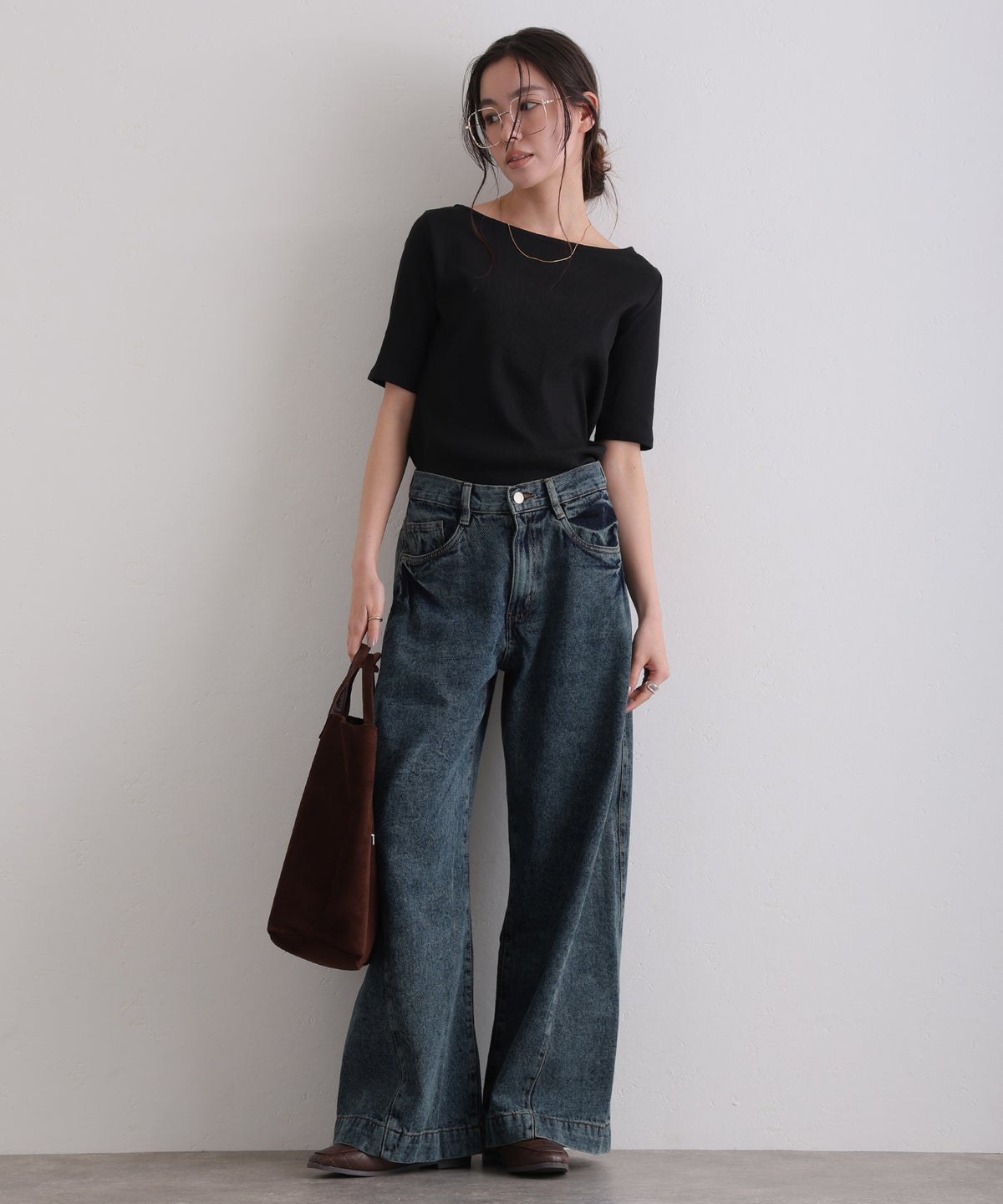 ボートネックコットンリブTシャツ