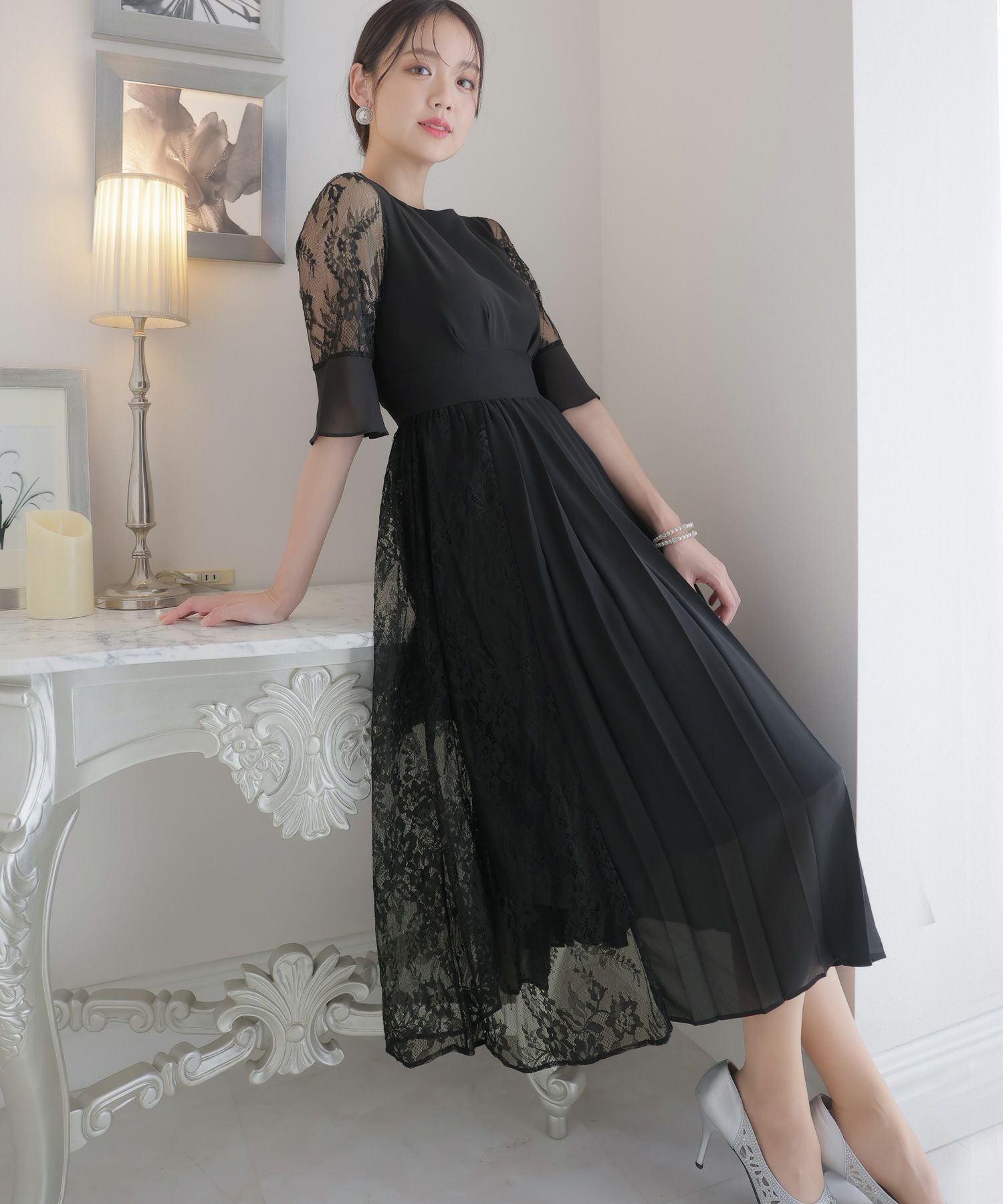 アシンメトリープリーツ＆レースドレスPourVous