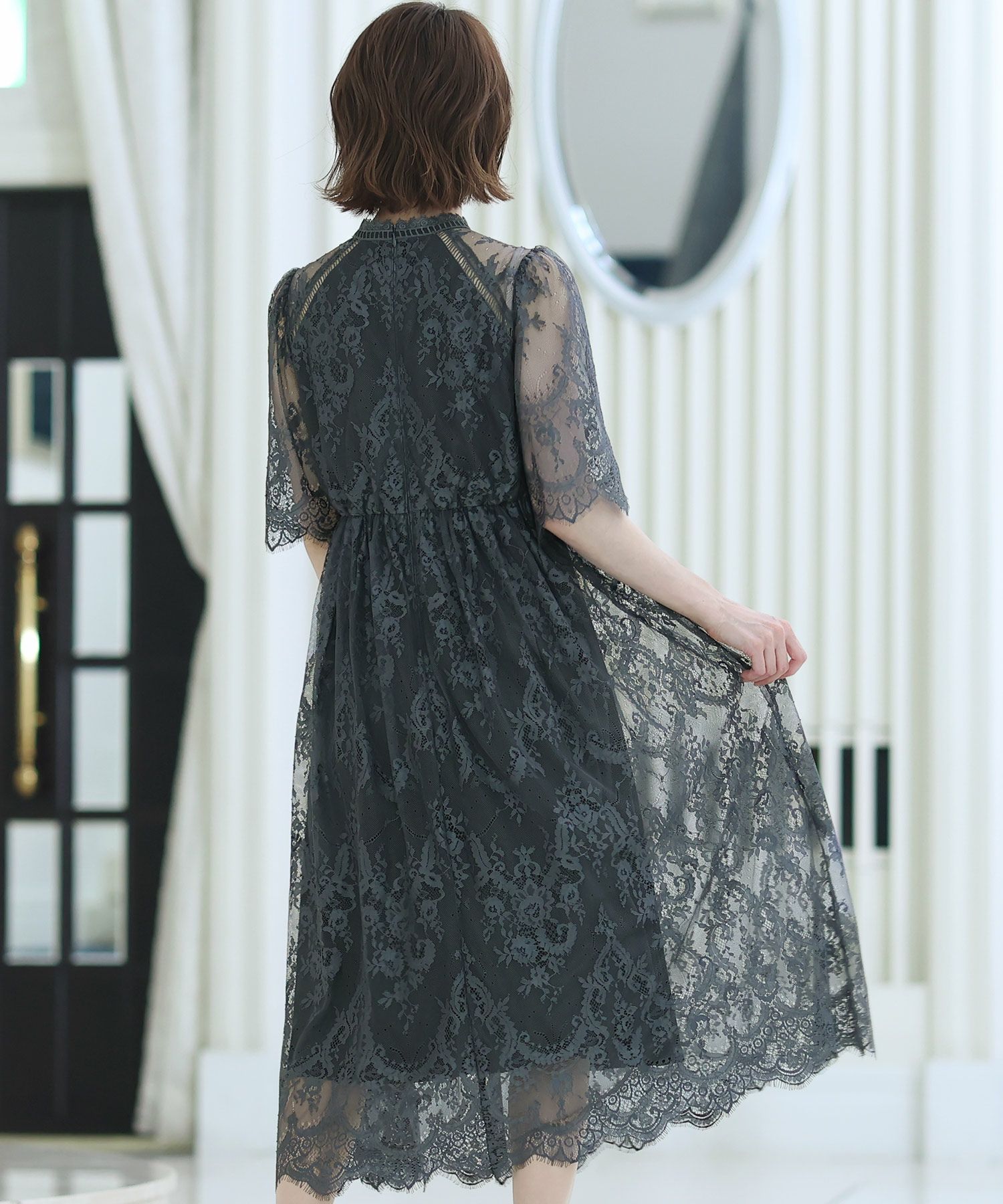 スカラップハイネックレースドレス｜PourVous