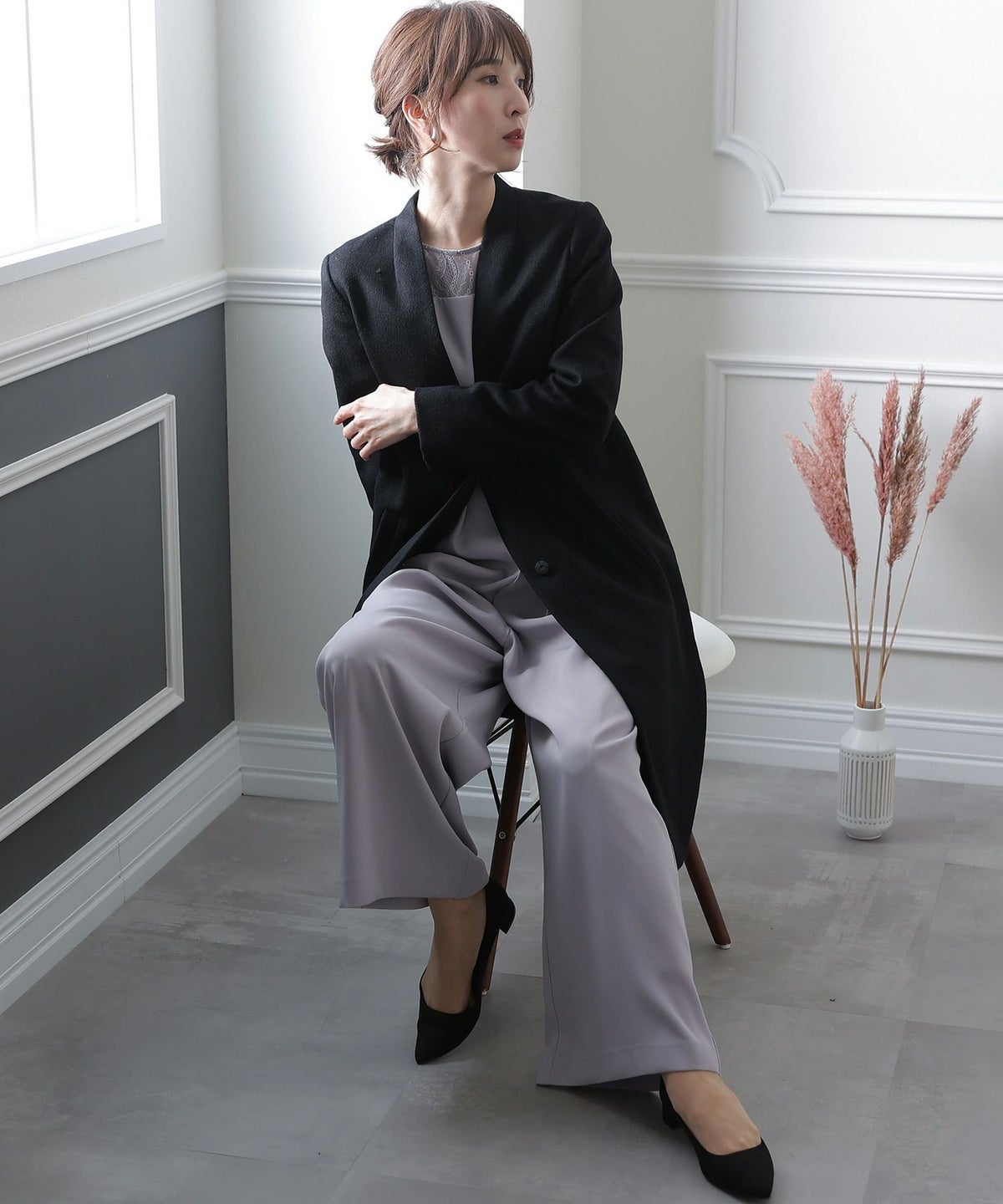 ノーカラーウールコート