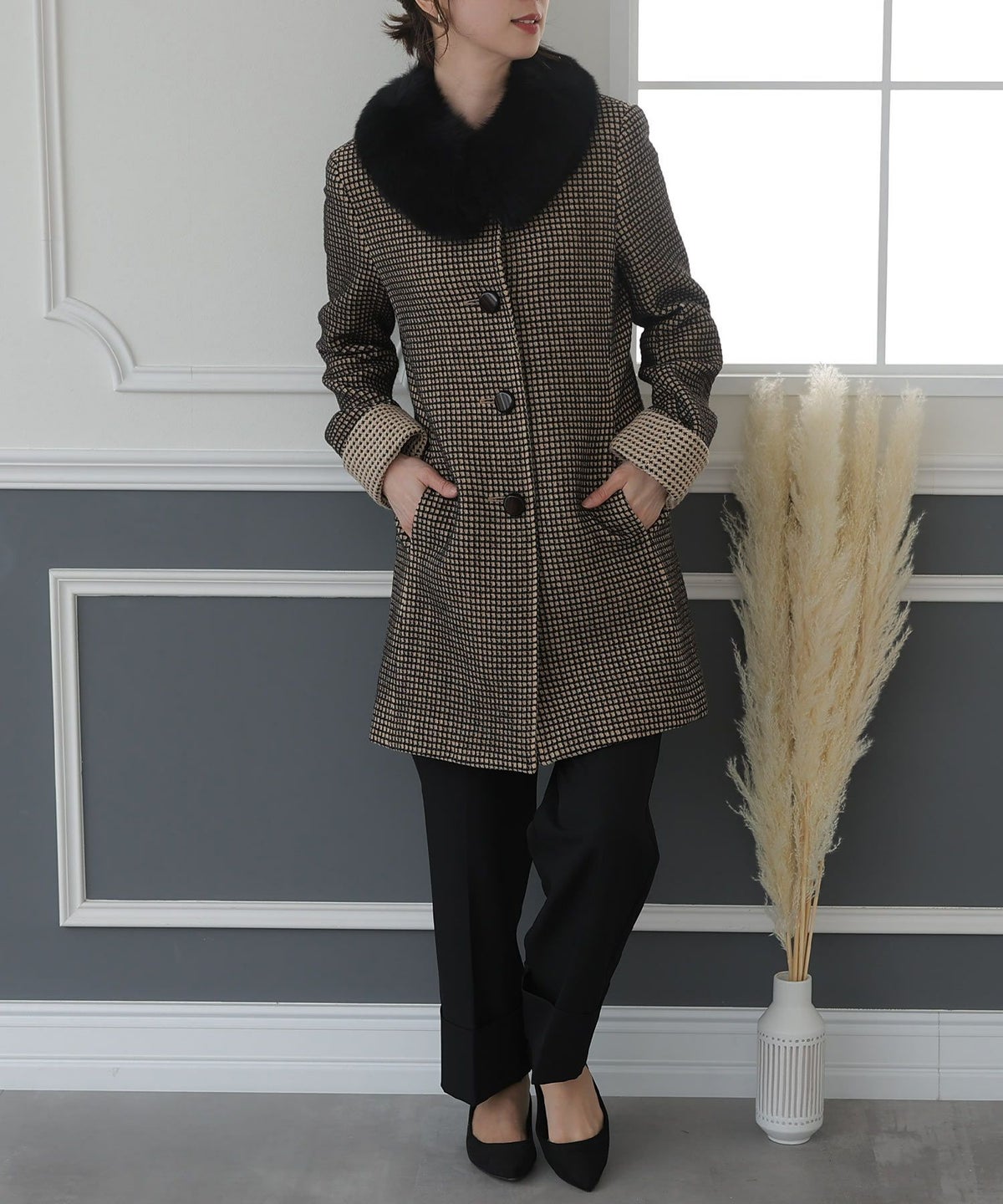 ファー襟格子柄ウールコート