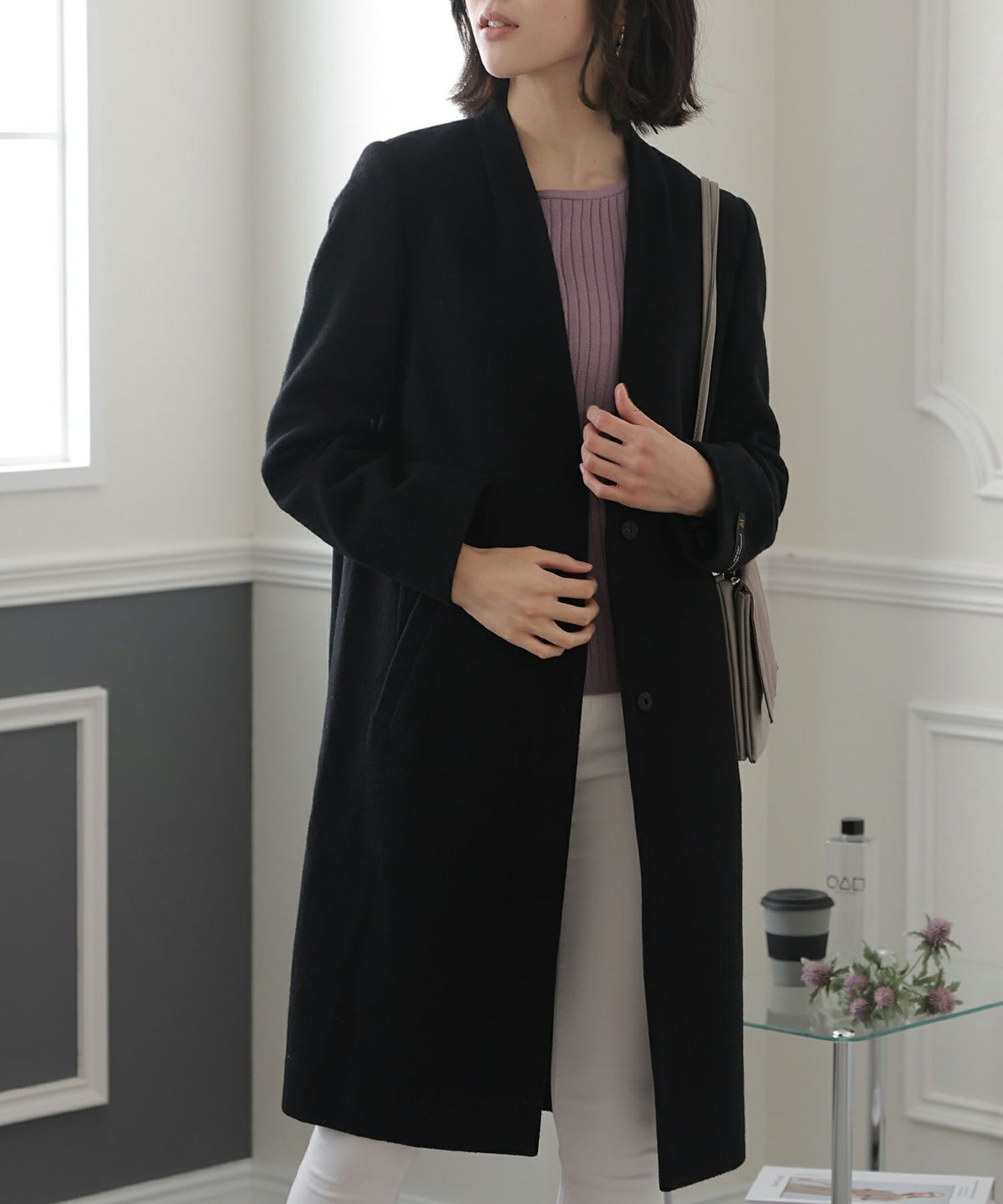 ノーカラーシンプルウールコート