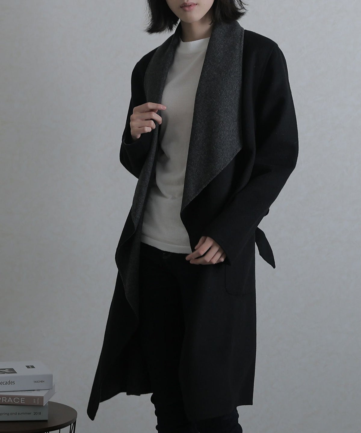 ショール風ビッグカラーウールガウンコート