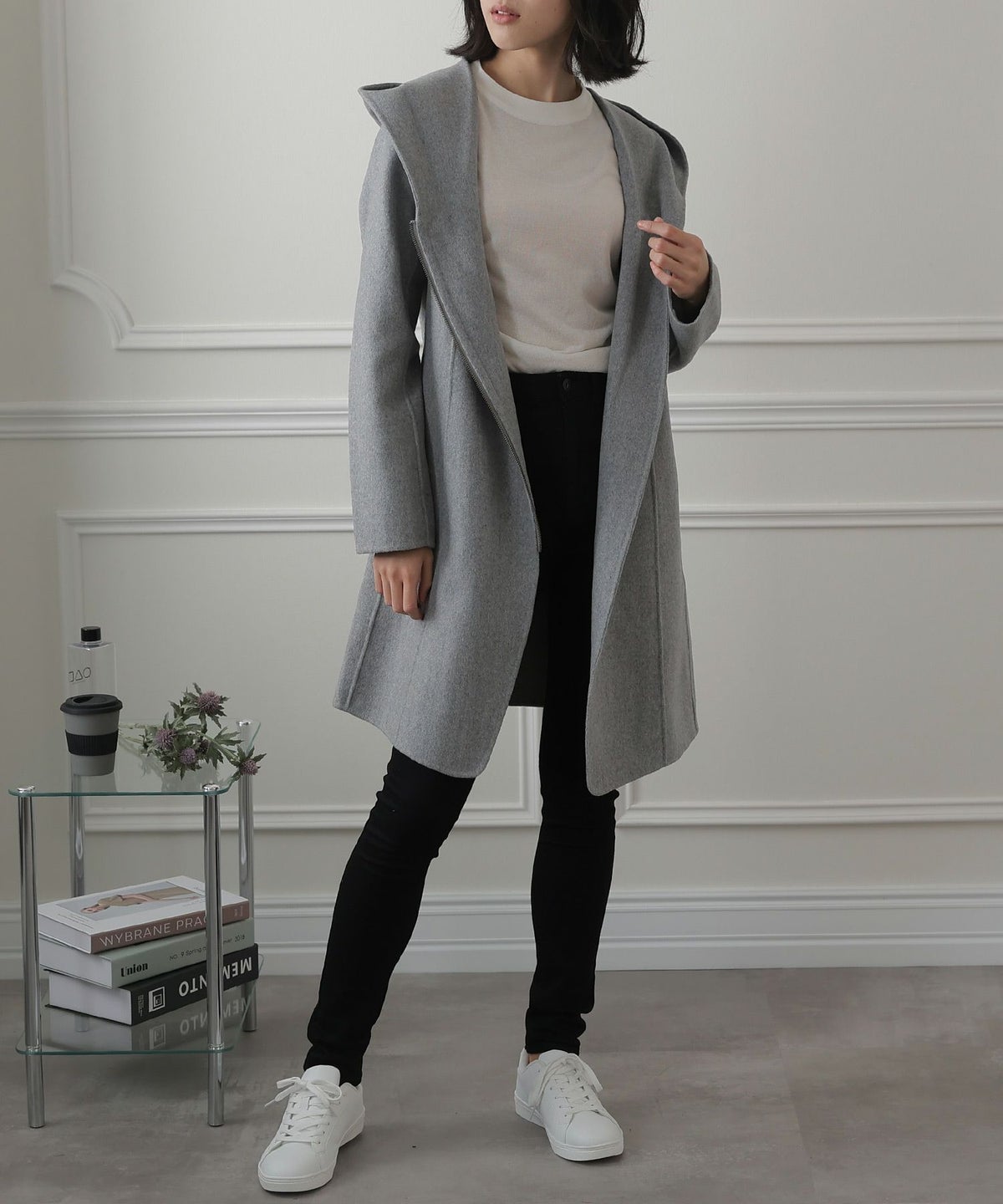 フード付きウールミディアムコート