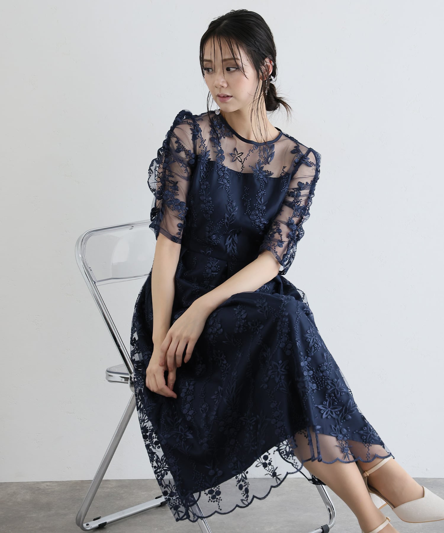 フラワーレースバックリボンドレス｜PourVous