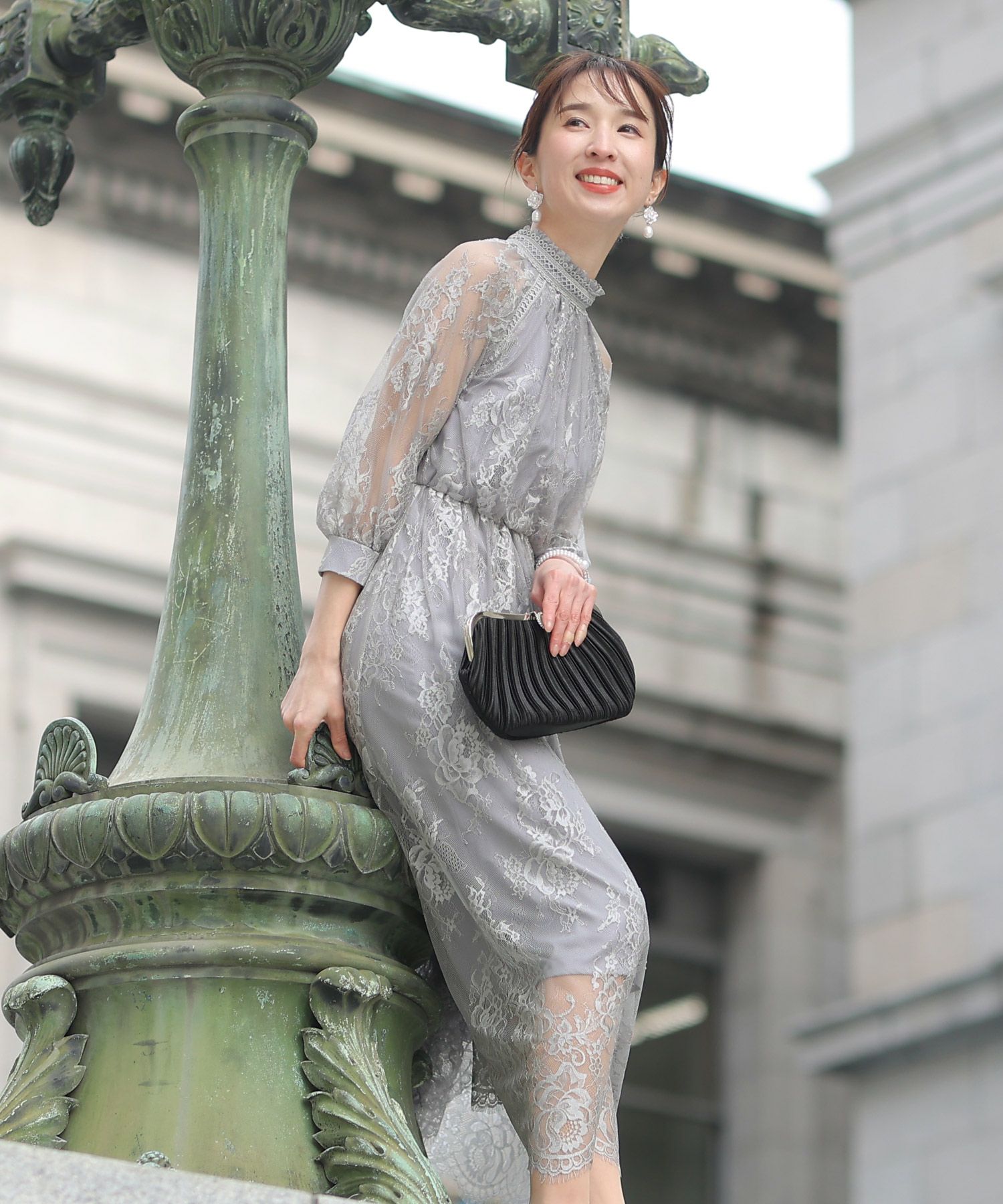 PourVous 総レースワンピース　ダークカーキ プールヴー PourVous 結婚式パーティードレス七分袖とロングケミカル