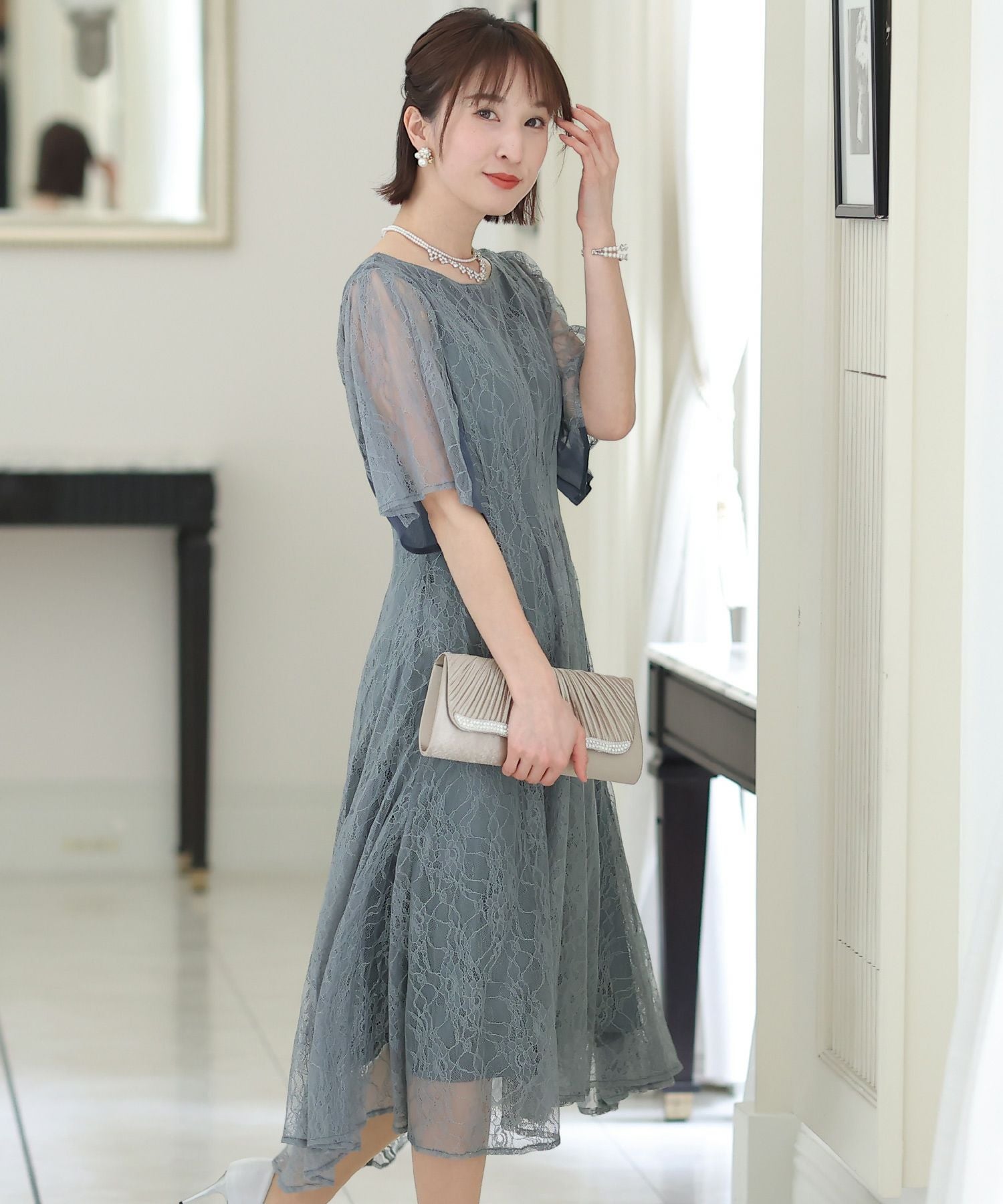 シフォン切替スリーブAラインワンピース