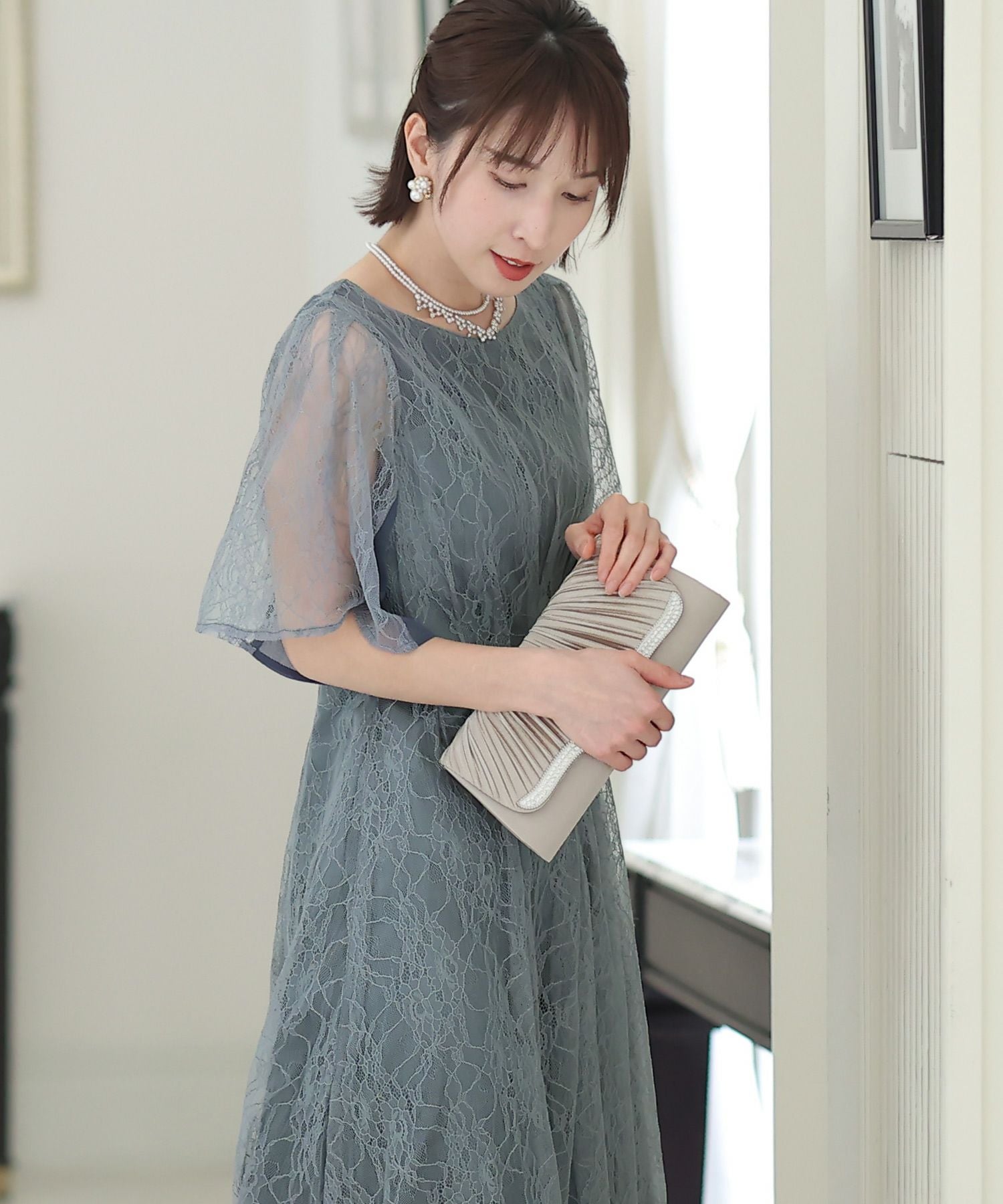 シフォン切替スリーブAラインワンピース
