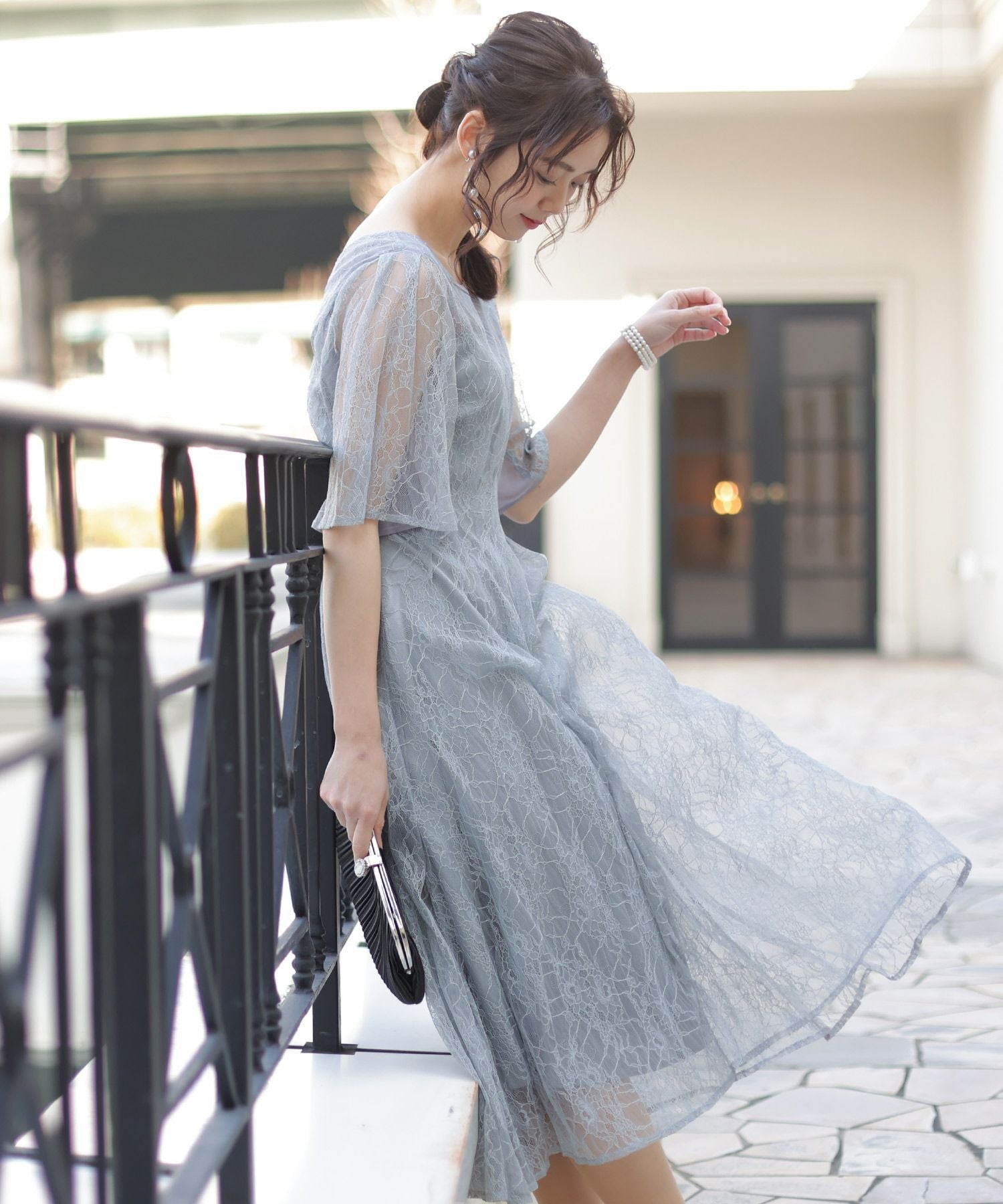 シフォン切替スリーブAラインワンピース