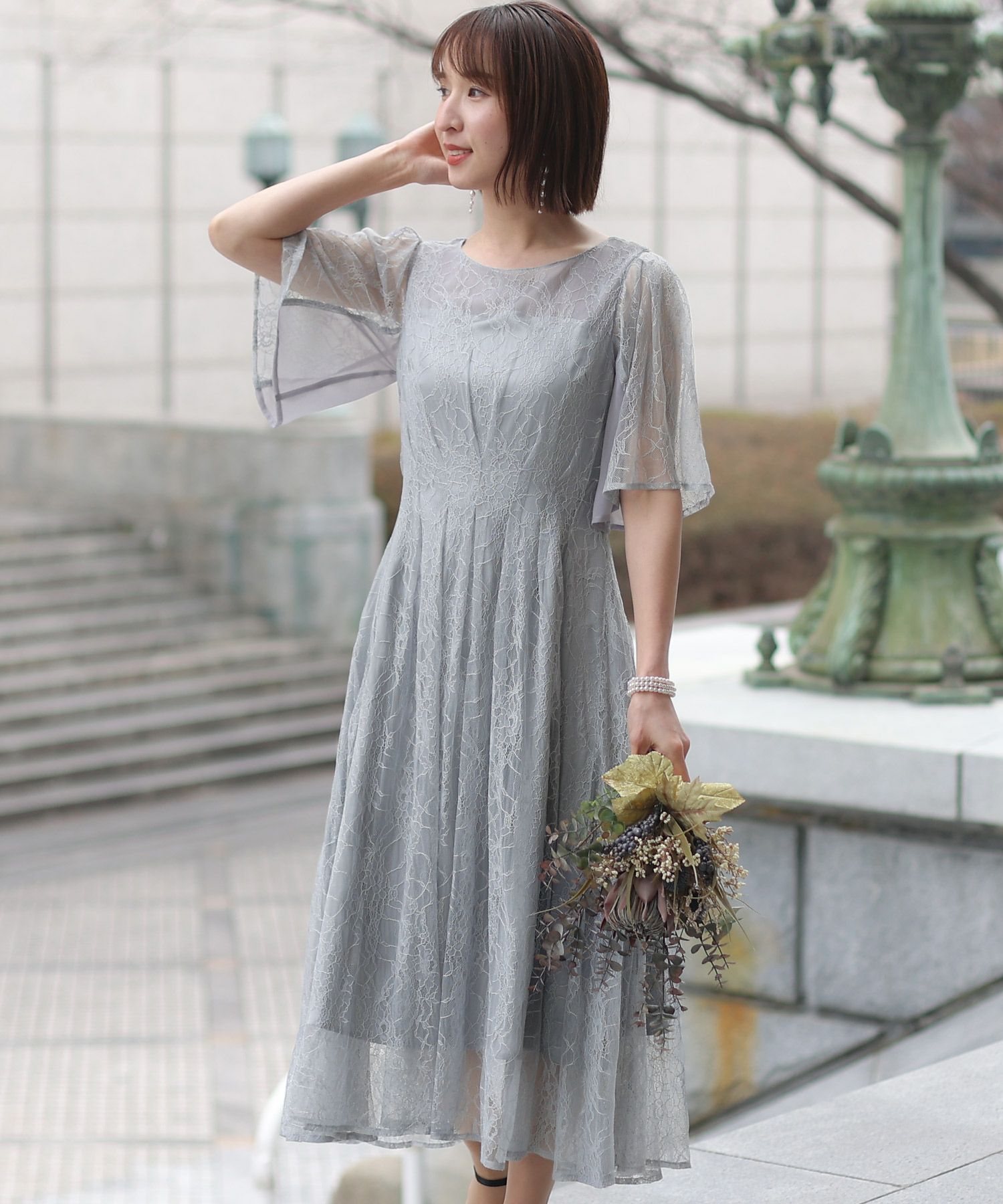 シフォン切替スリーブAラインワンピース