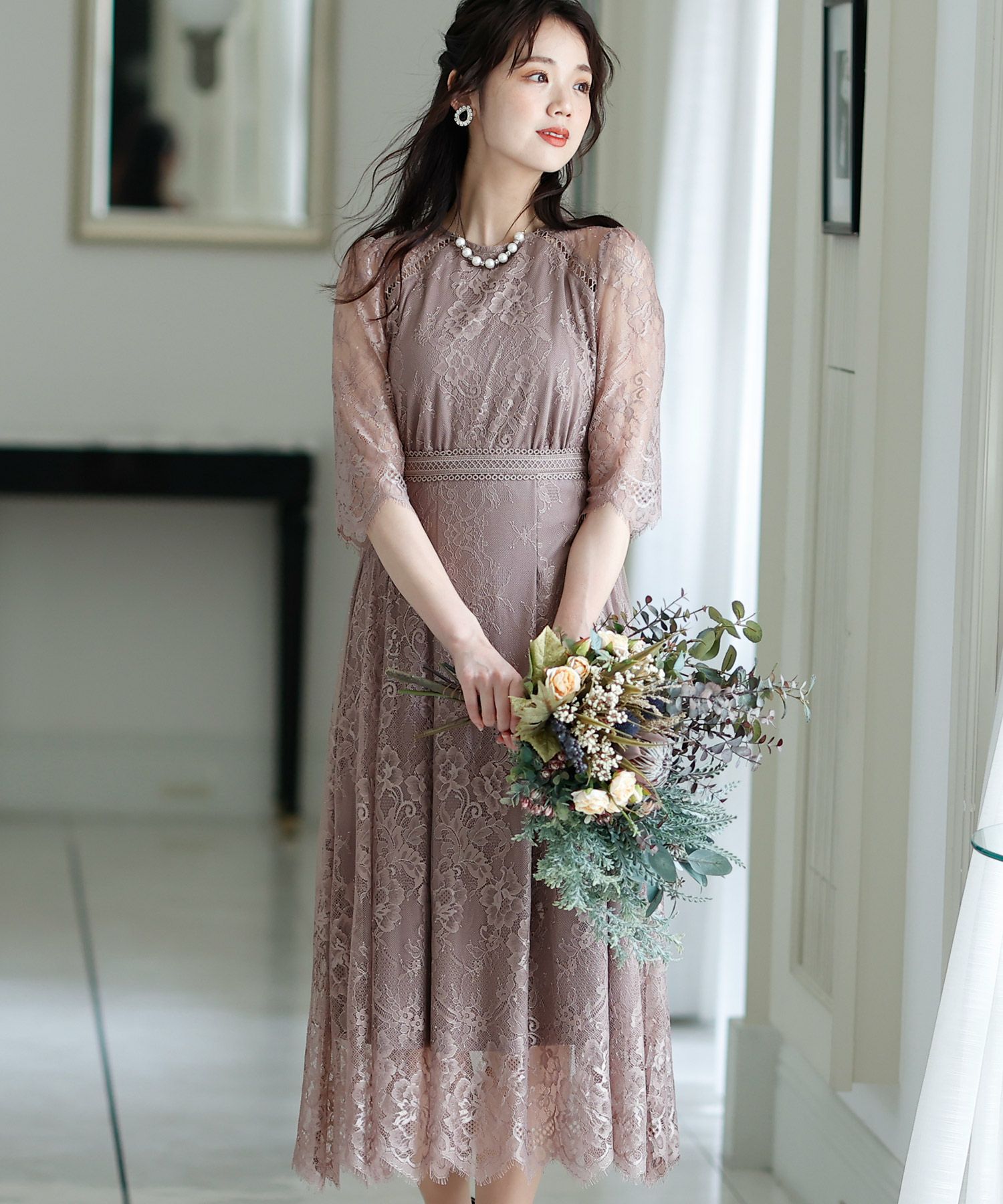 PourVous 総レースワンピース　ダークカーキ プールヴー PourVous 結婚式パーティードレス七分袖とロングケミカル
