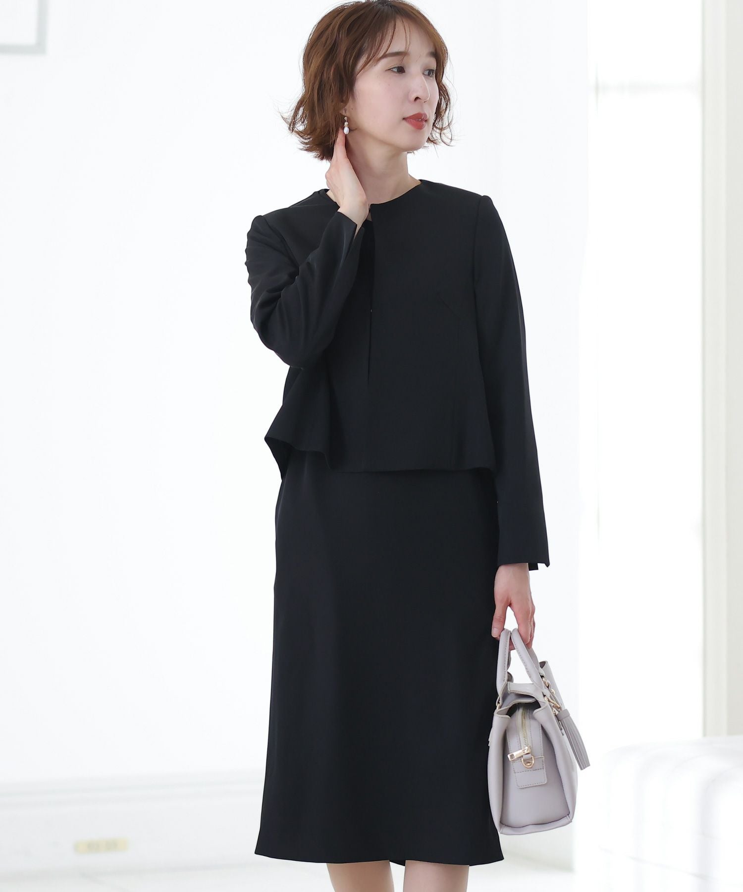 シンプルワンピース×ノーカラージャケットセット シンプルワンピース×ノーカラージャケットセット