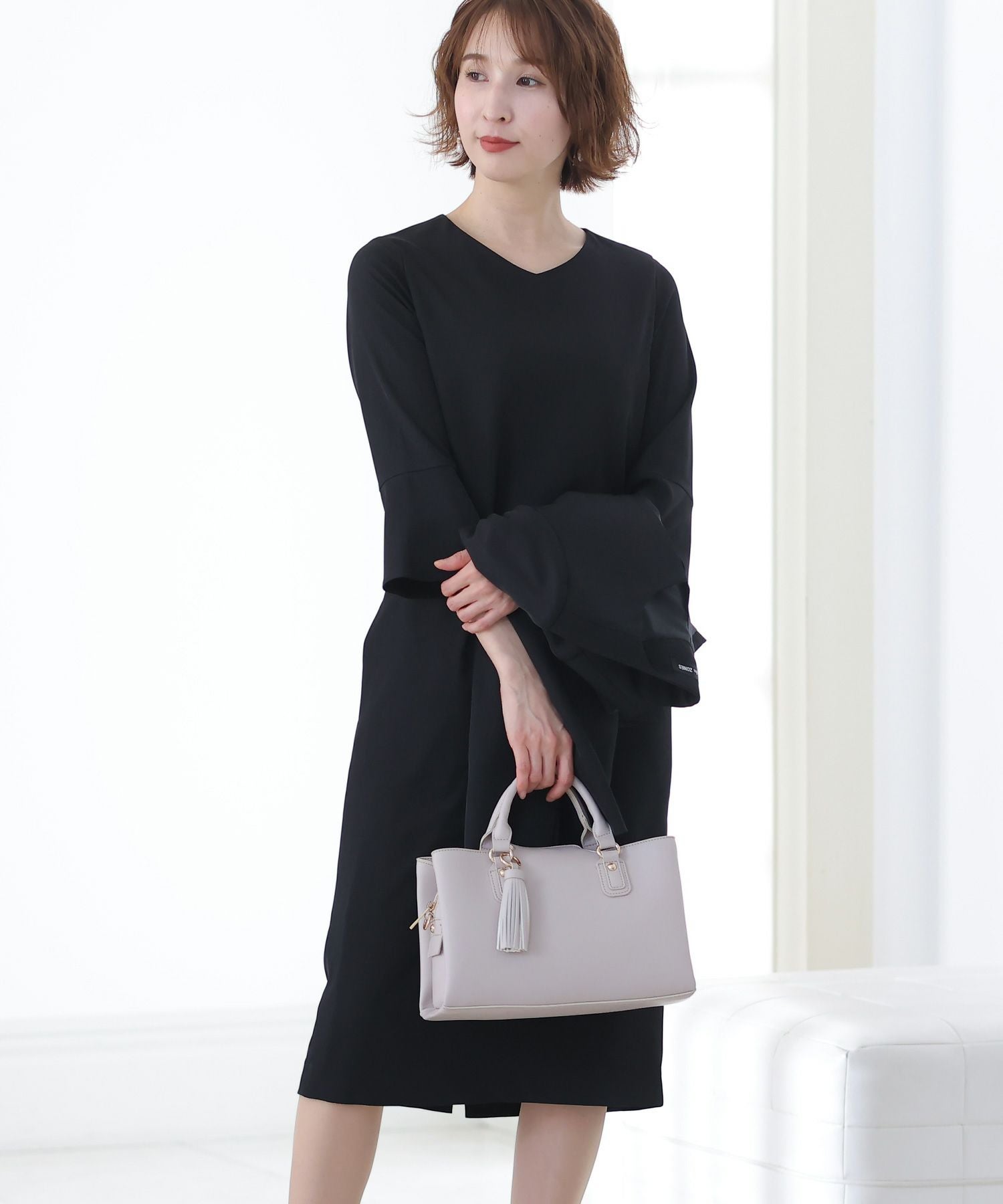 シンプルワンピース×ノーカラージャケットセット