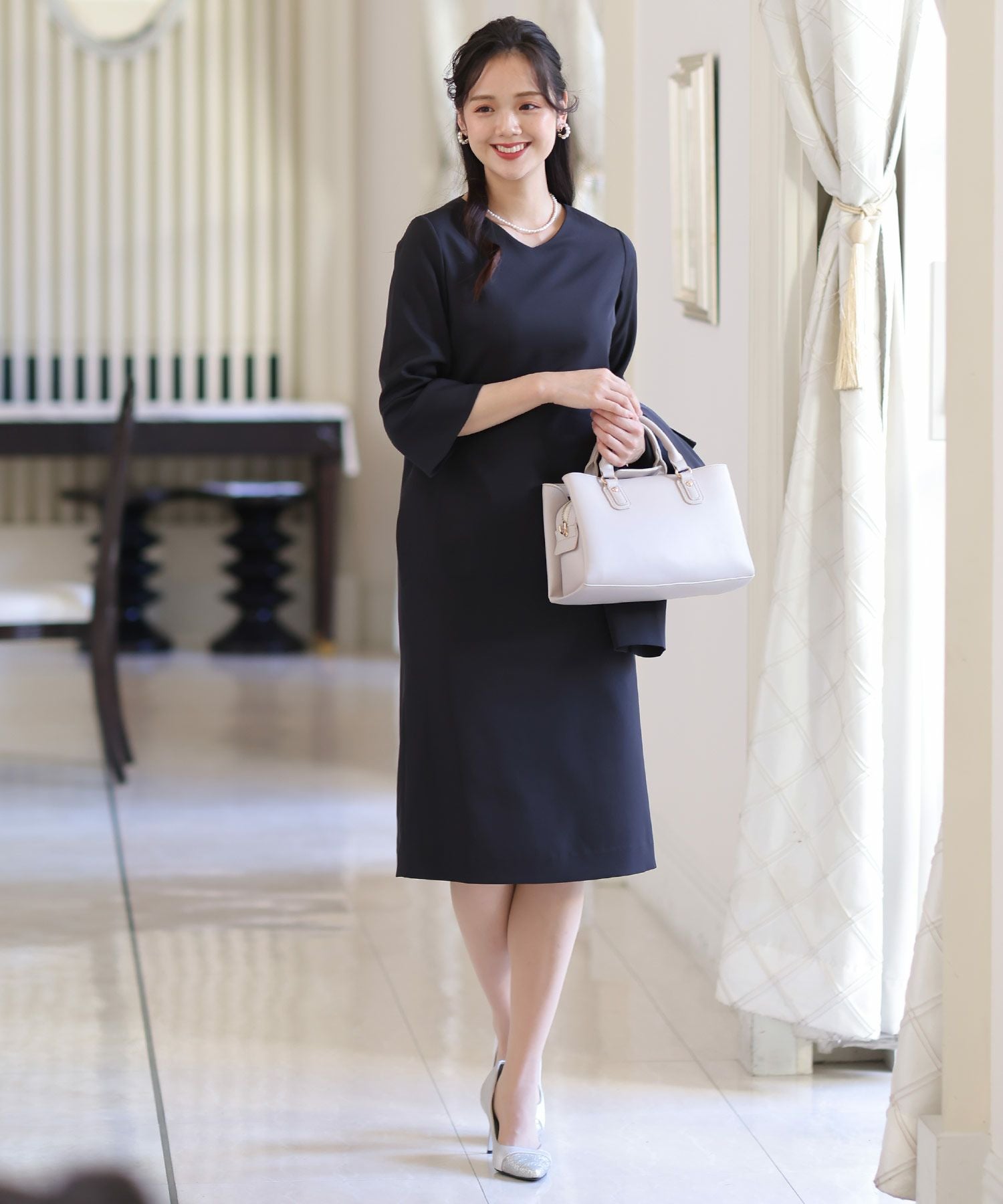 【美品】PourVous ノーカラージャケットセレモニースーツ シンプルワンピース×ノーカラージャケットセット