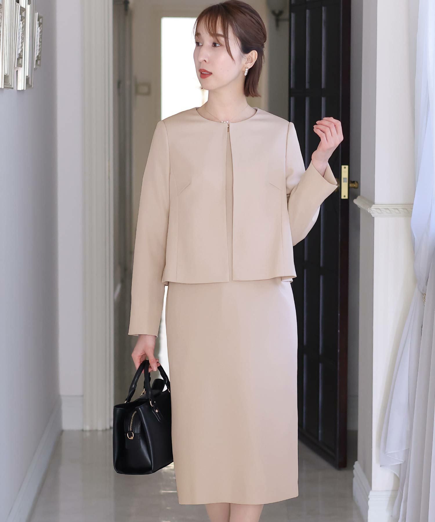 シンプルワンピース×ノーカラージャケットセット