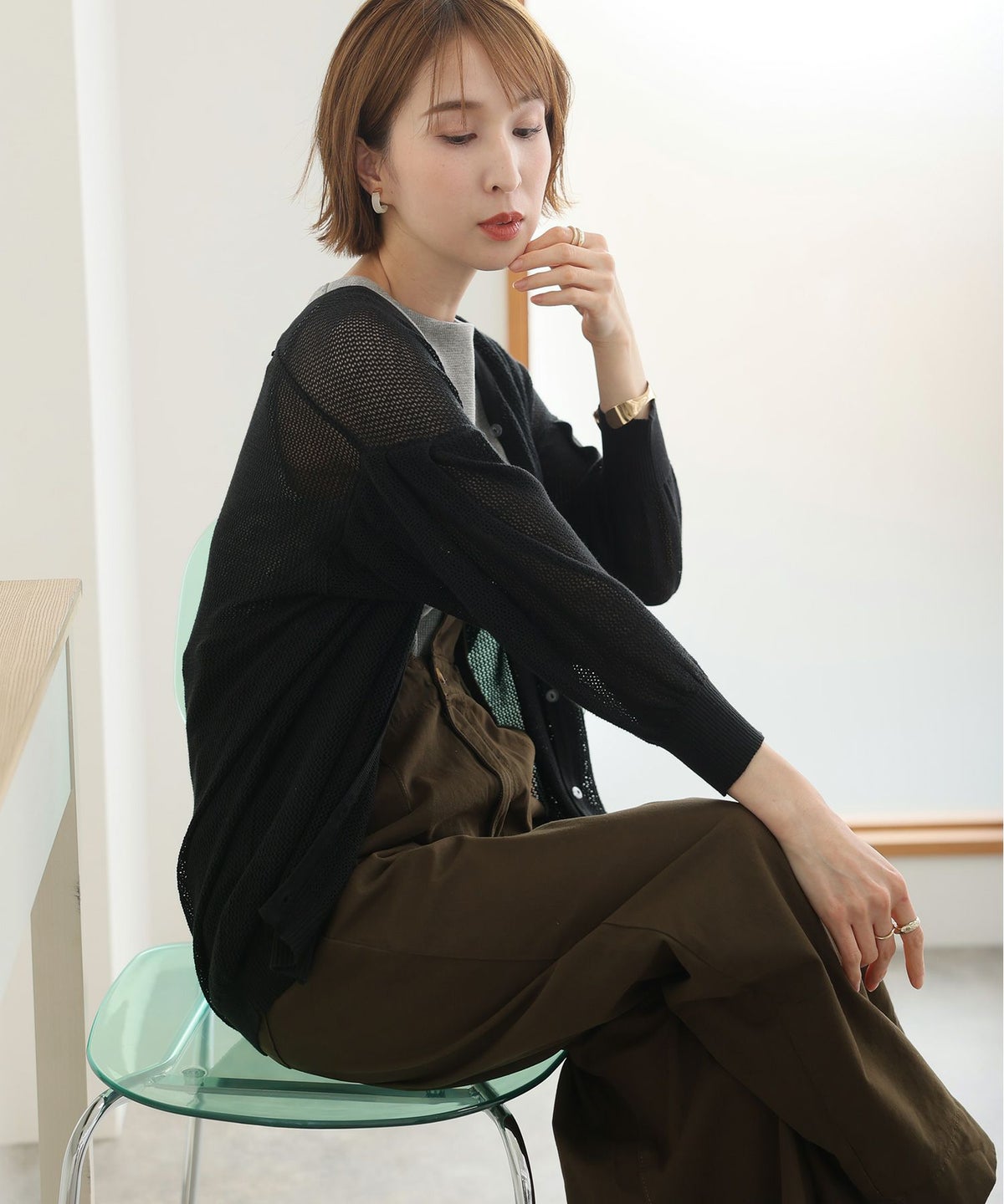 メッシュ編みVネックカーディガン