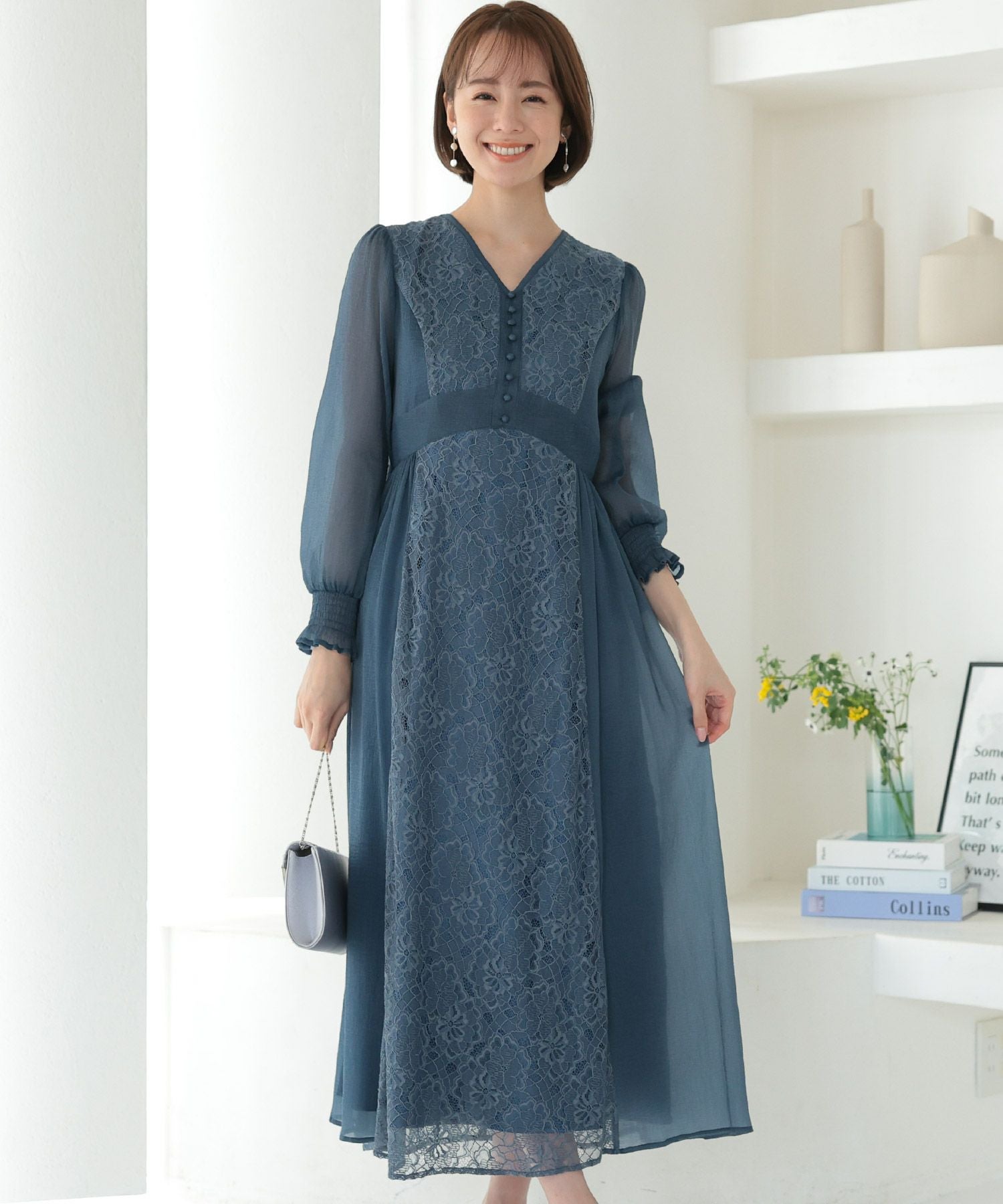 【新品】PourVous/ショルダーレース切替シフォンプリーツパーティードレス シフォン×レース切り替えワンピース｜PourVous