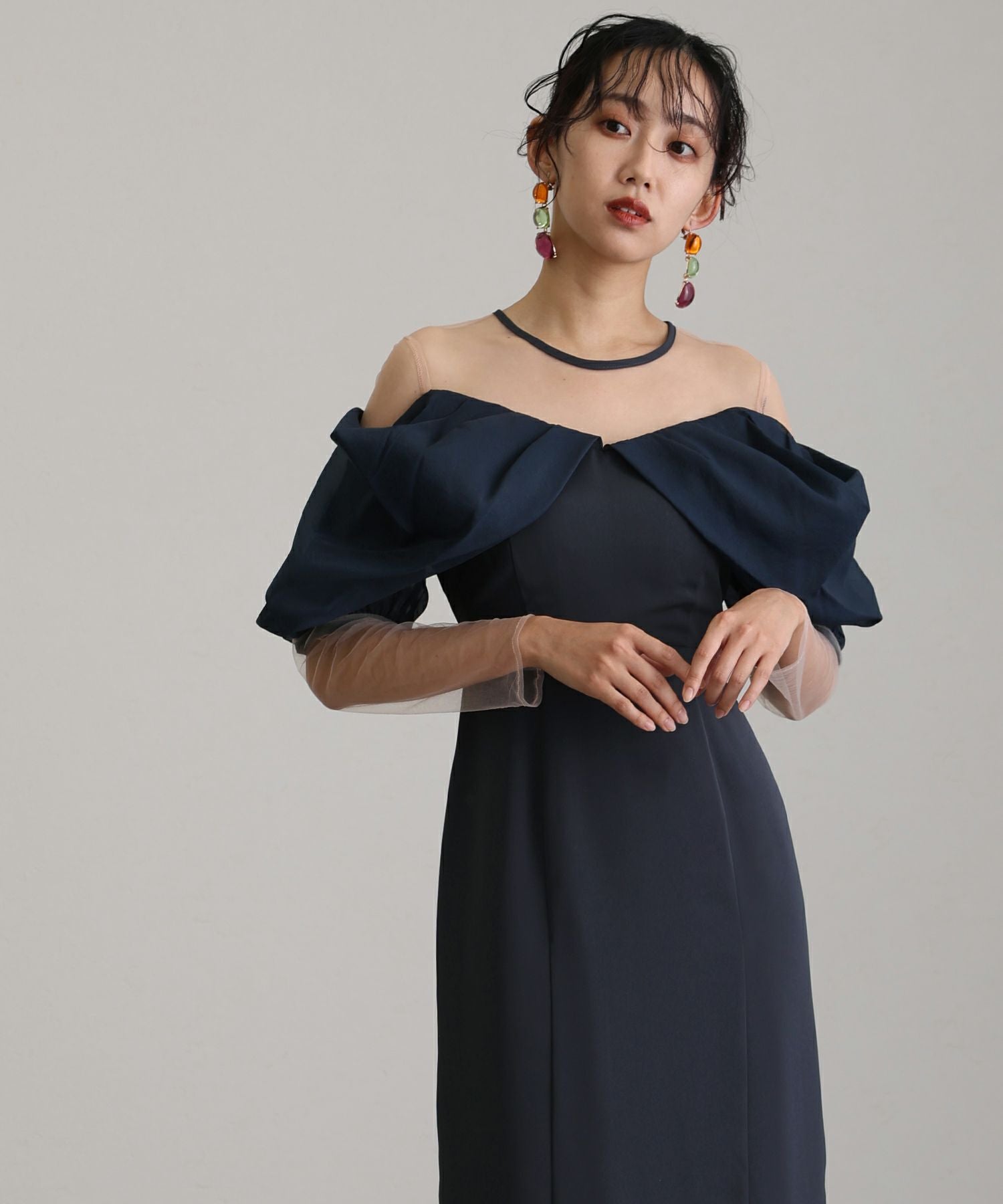 Atlo オフショルダーパーティドレス　ダークネイビー　M オフショルダーストレートドレス｜PourVous
