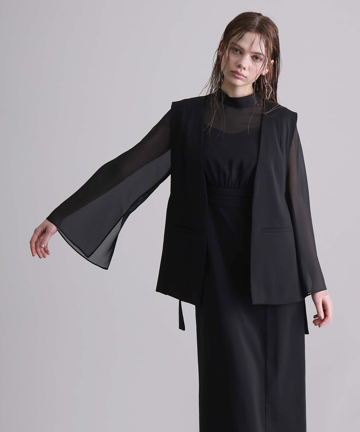 【低身長用サイズあり】スリットスリーブジレ付きワンピース