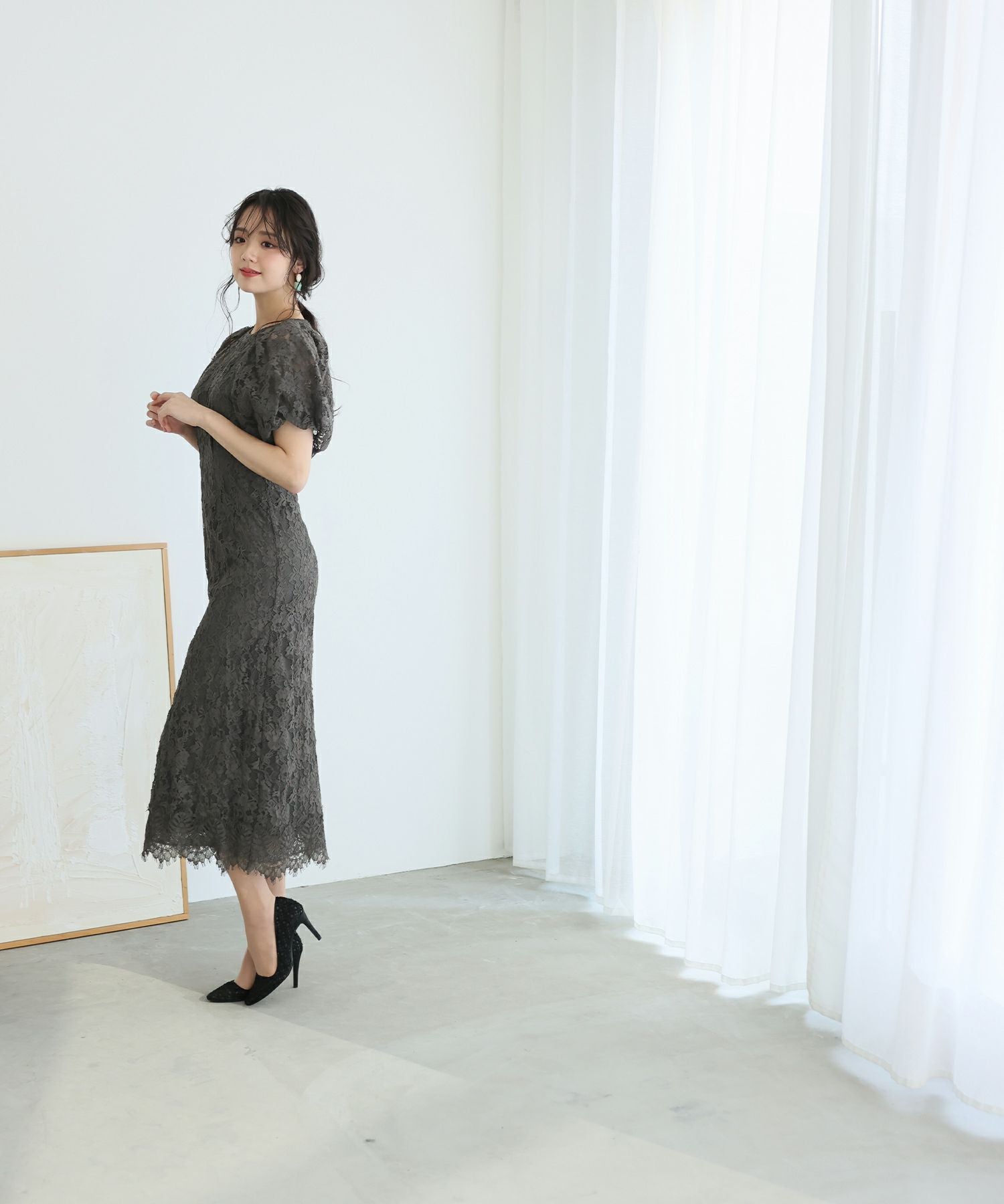 PourVous 総レースパワーショルダーデザインドレス パワーショルダー総レースドレス | PourVous（プールヴー）パーティー