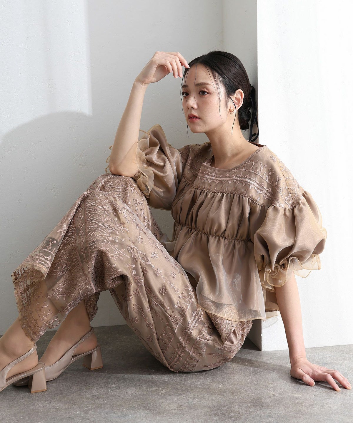 シャーリングチュールトップス2点セットドレス