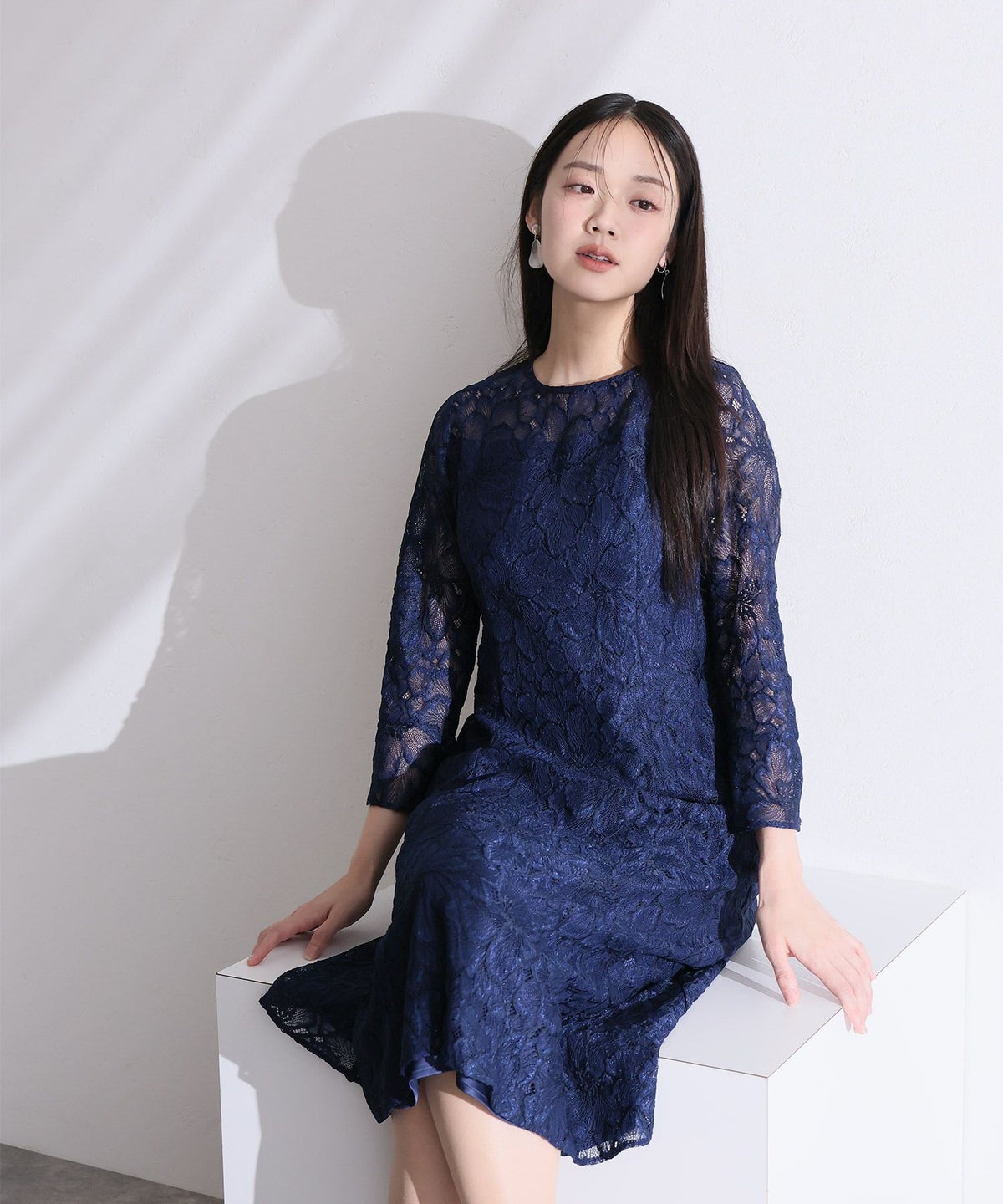 総レースベルスリーブフレアドレス